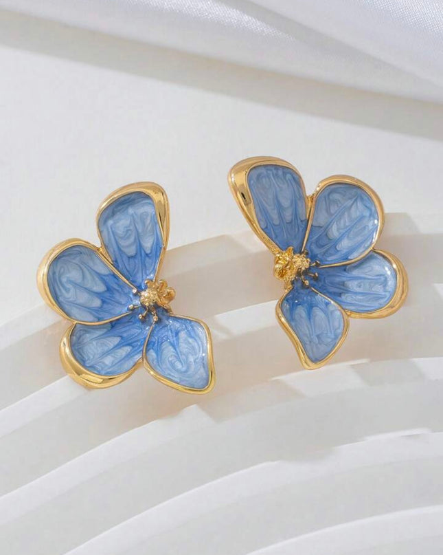 Aretes Dorados Esmalte Pintado a mano Flor Azul