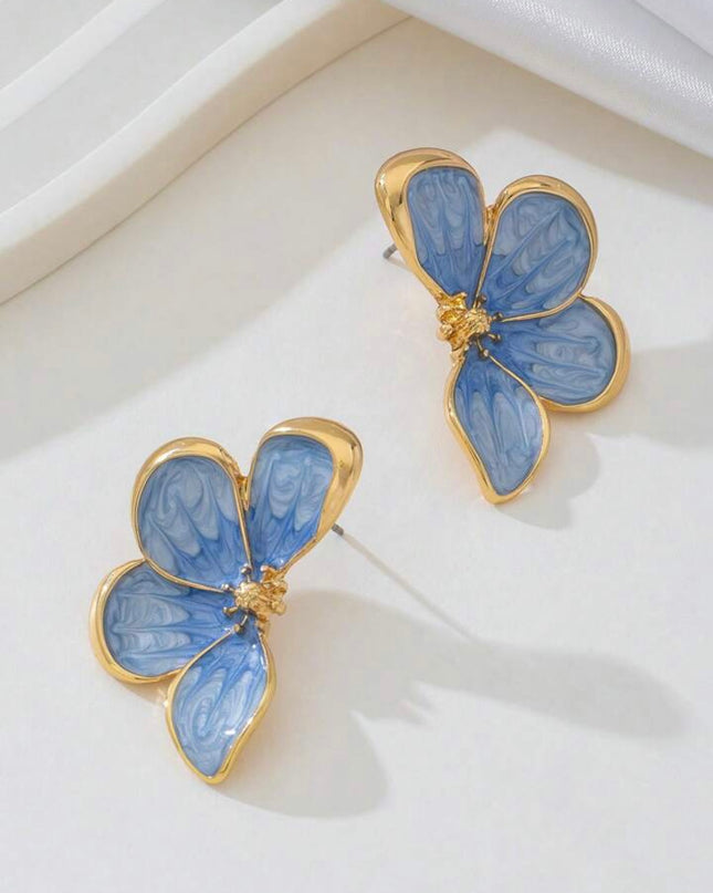 Aretes Dorados Esmalte Pintado a mano Flor Azul