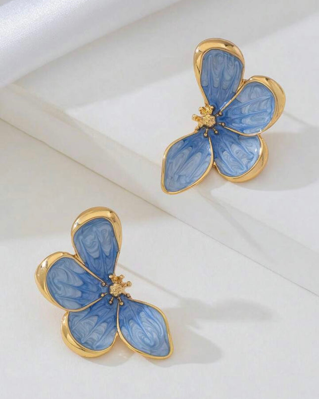 Aretes Dorados Esmalte Pintado a mano Flor Azul