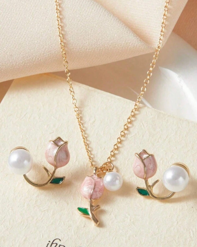 Set de Collar y Aretes Tulipanes Rosados con Perlas