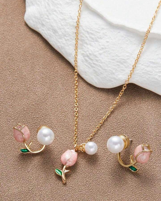 Set de Collar y Aretes Tulipanes Rosados con Perlas