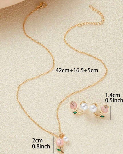 Set de Collar y Aretes Tulipanes Rosados con Perlas