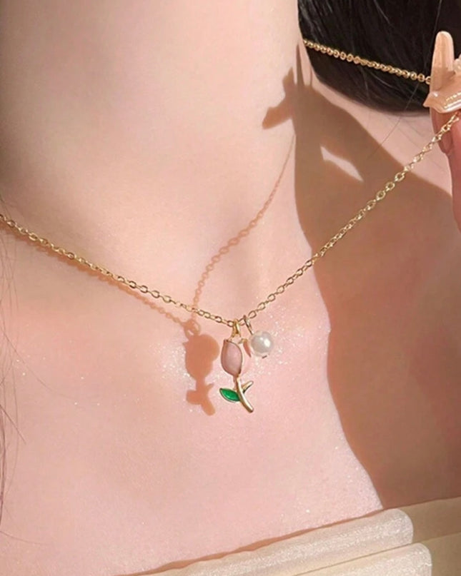 Set de Collar y Aretes Tulipanes Rosados con Perlas