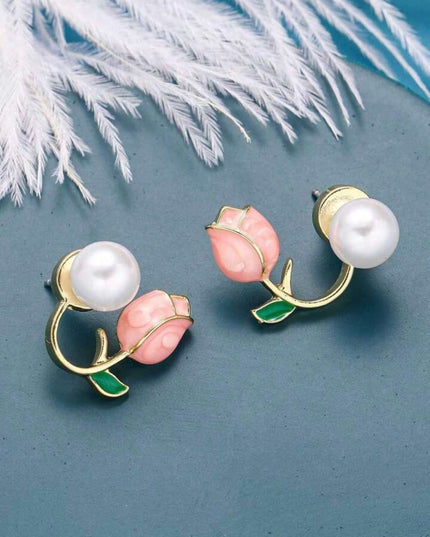 Set de Collar y Aretes Tulipanes Rosados con Perlas