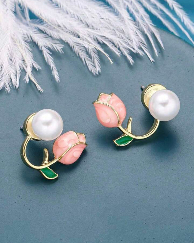 Set de Collar y Aretes Tulipanes Rosados con Perlas