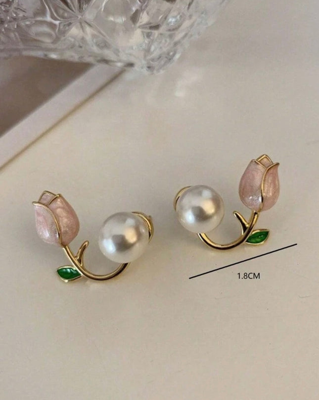 Set de Collar y Aretes Tulipanes Rosados con Perlas