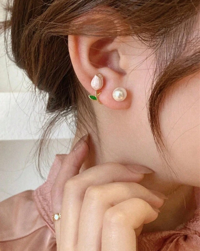 Set de Collar y Aretes Tulipanes Rosados con Perlas