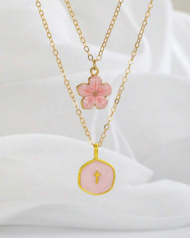 2 Piezas Collar Flor de cinco hojas y Cruz Dorada