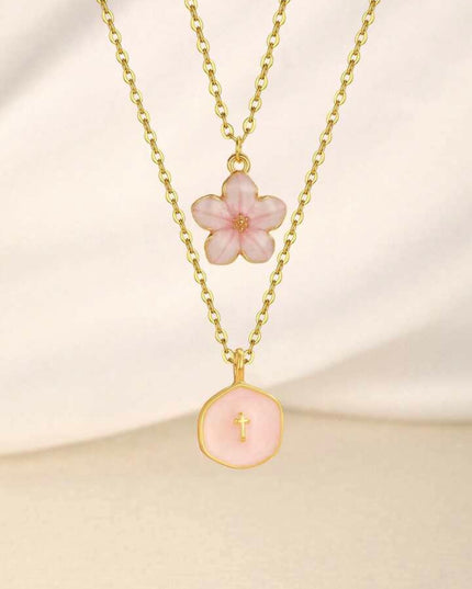 2 Piezas Collar Flor de cinco hojas y Cruz Dorada