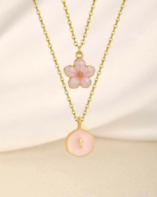 2 Piezas Collar Flor de cinco hojas y Cruz Dorada