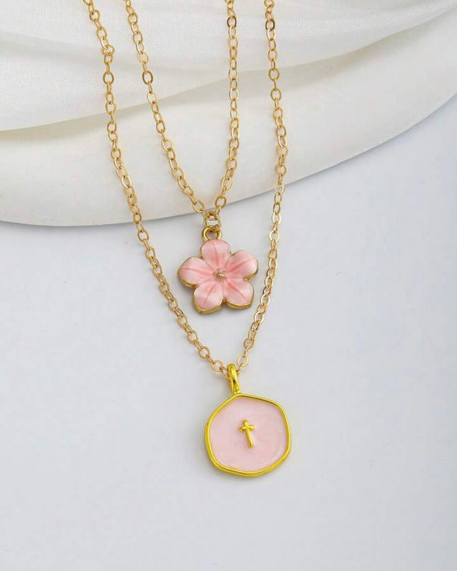 2 Piezas Collar Flor de cinco hojas y Cruz Dorada