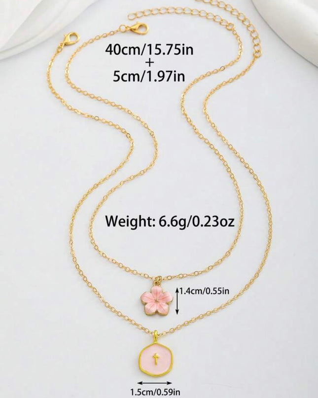 2 Piezas Collar Flor de cinco hojas y Cruz Dorada