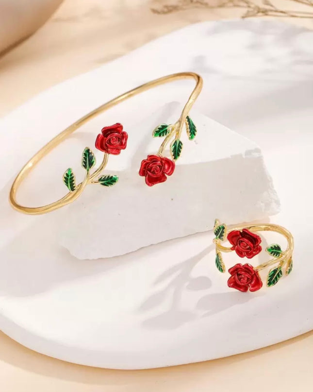Set 2 piezas Pulsera y Anillo abiertos Rosas Rojas