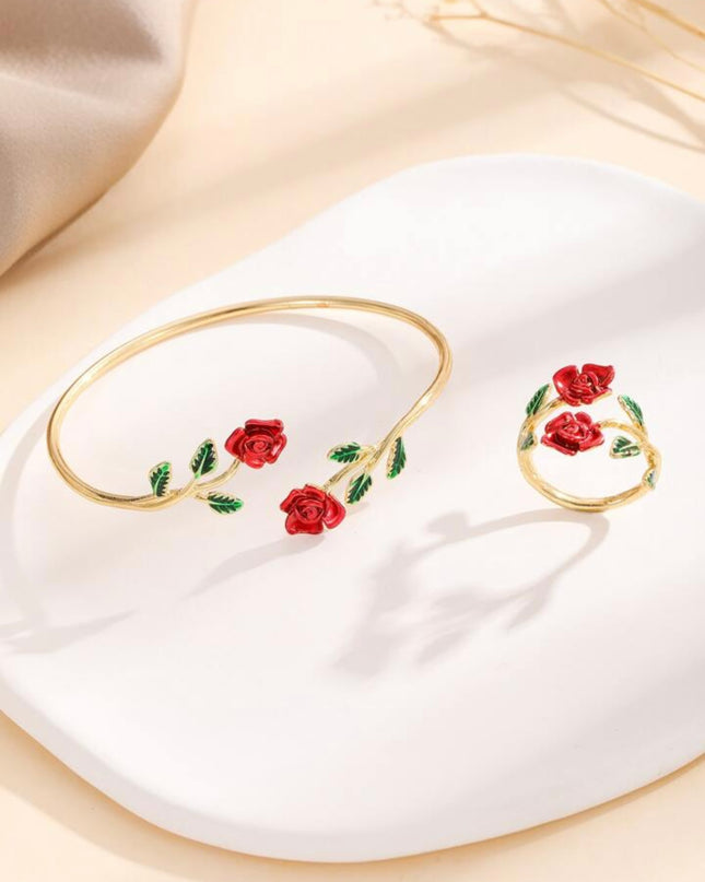 Set 2 piezas Pulsera y Anillo abiertos Rosas Rojas