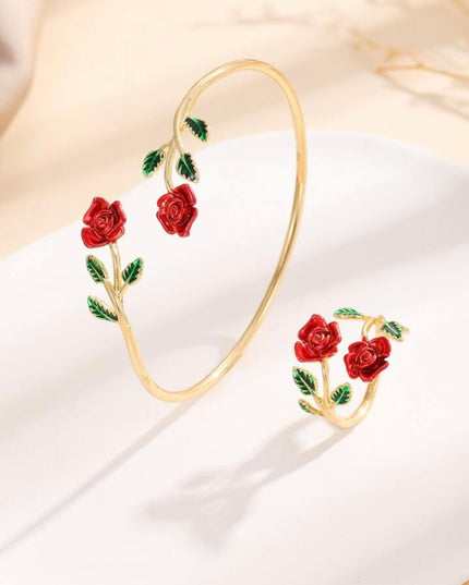Set 2 piezas Pulsera y Anillo abiertos Rosas Rojas