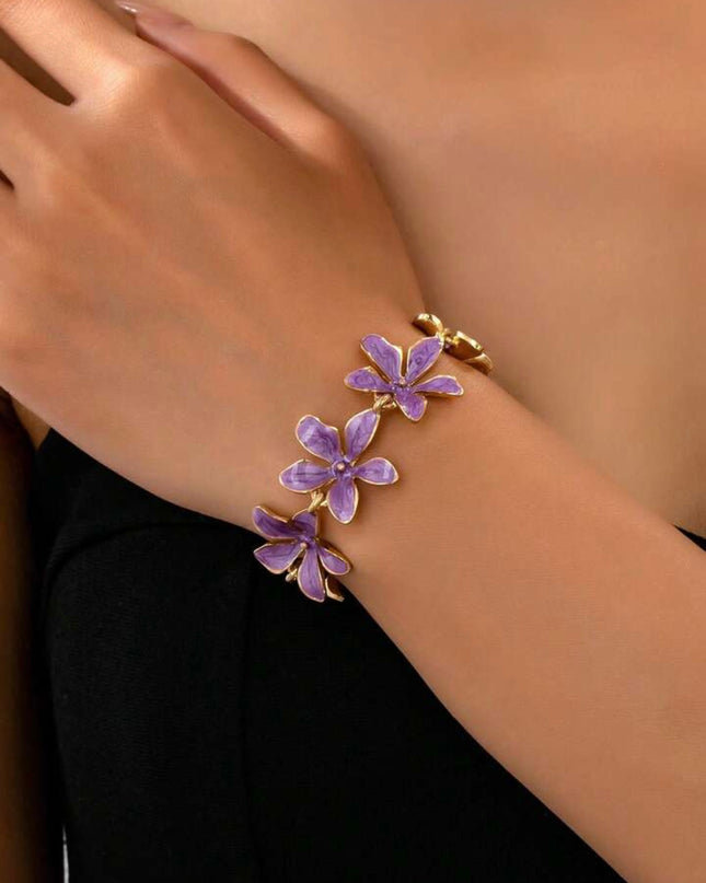 Elegante Pulsera flores Moradas estilo Vintage