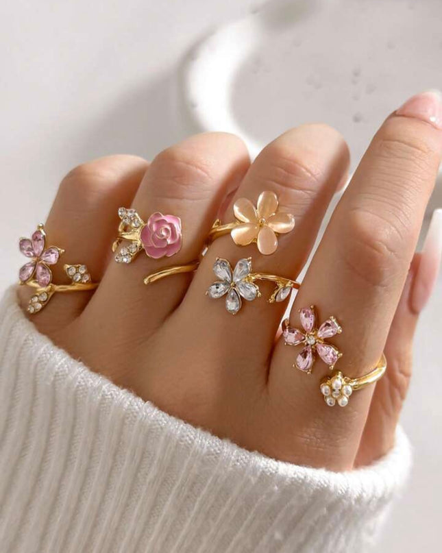 Set de 4 anillos ajustables con Flores de Rosas Encantadoras