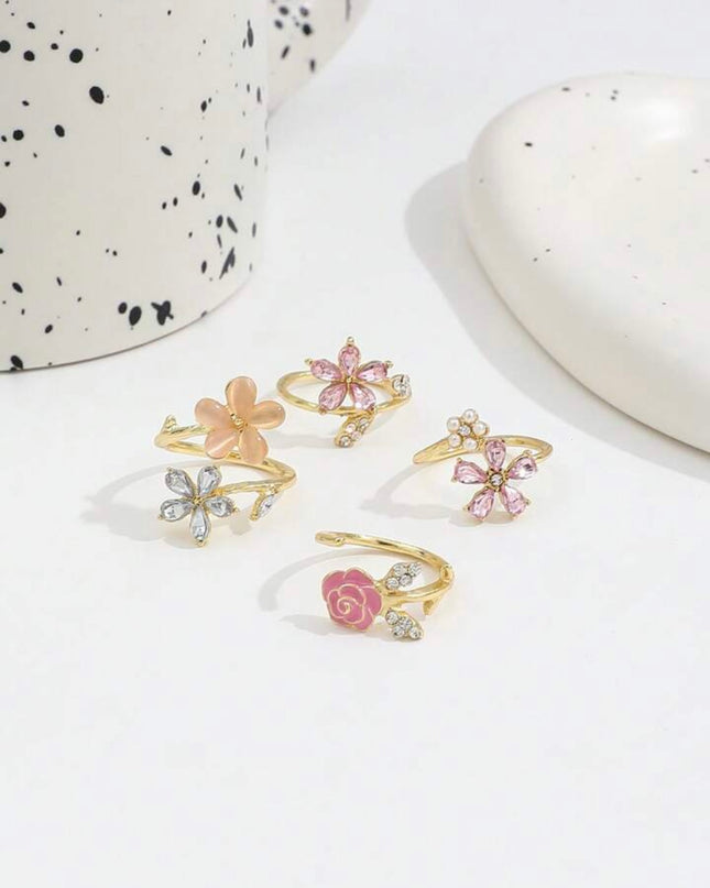 Set de 4 anillos ajustables con Flores de Rosas Encantadoras