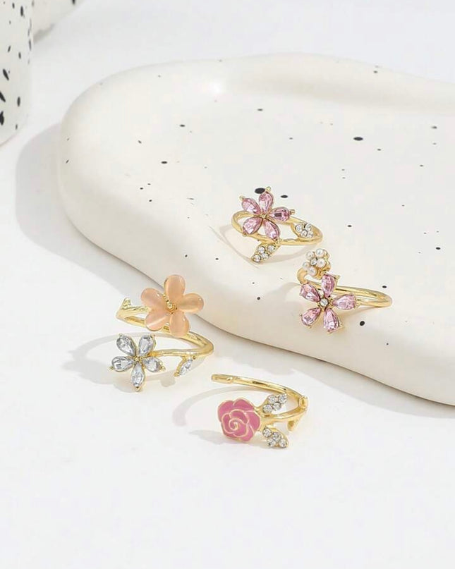 Set de 4 anillos ajustables con Flores de Rosas Encantadoras