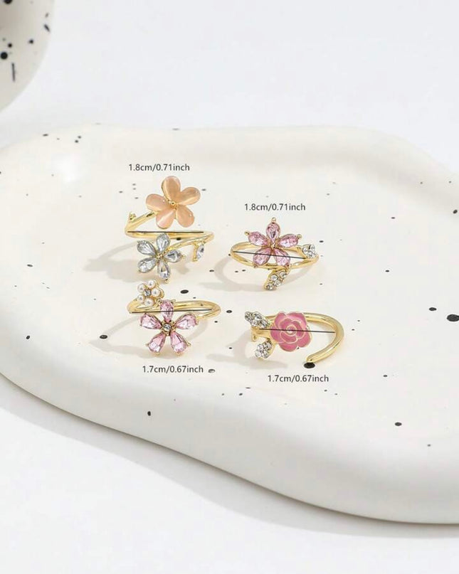 Set de 4 anillos ajustables con Flores de Rosas Encantadoras