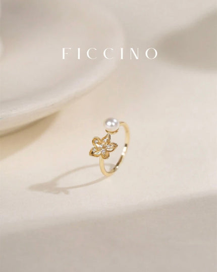 Anillo ajustable con Flores y Perlas