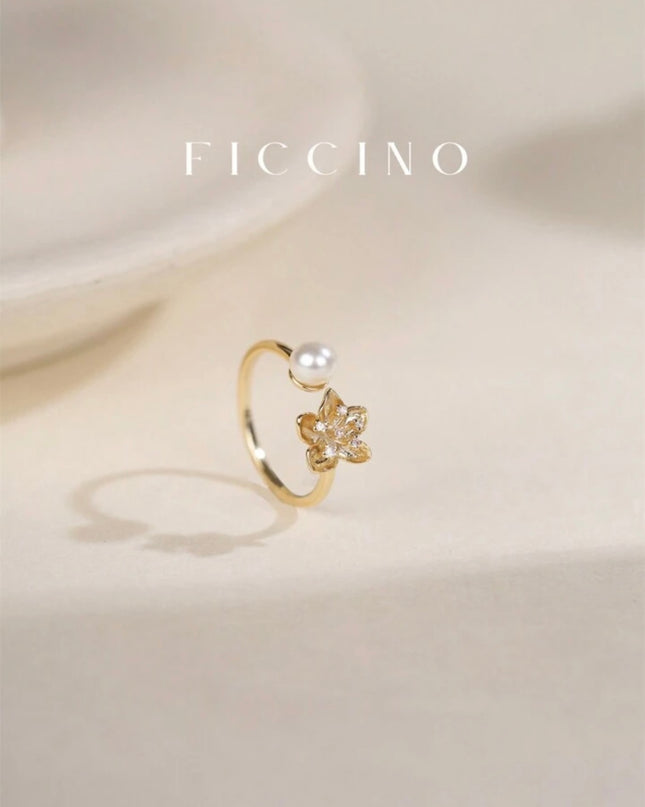 Anillo ajustable con Flores y Perlas
