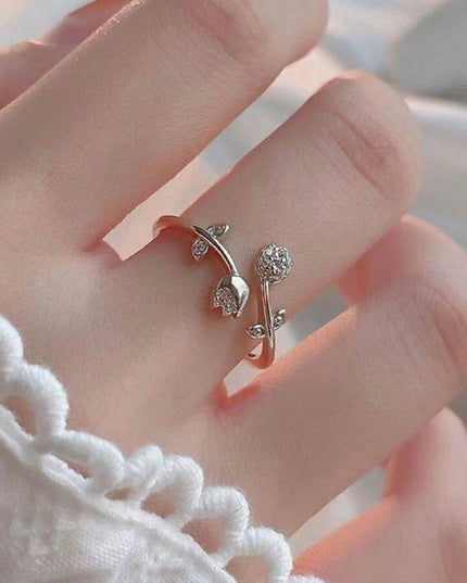 Anillo Abierto y ajustable de plata de ley 925 con Tulipán y Diamantes