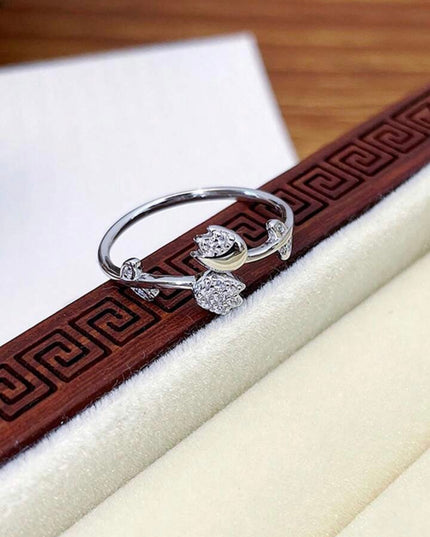 Anillo Abierto y ajustable de plata de ley 925 con Tulipán y Diamantes
