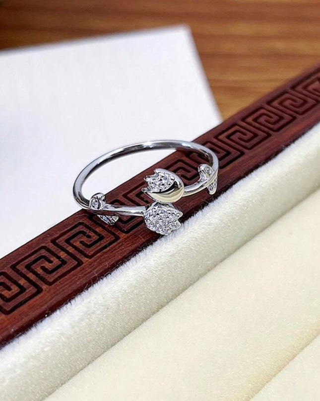 Anillo Abierto y ajustable de plata de ley 925 con Tulipán y Diamantes