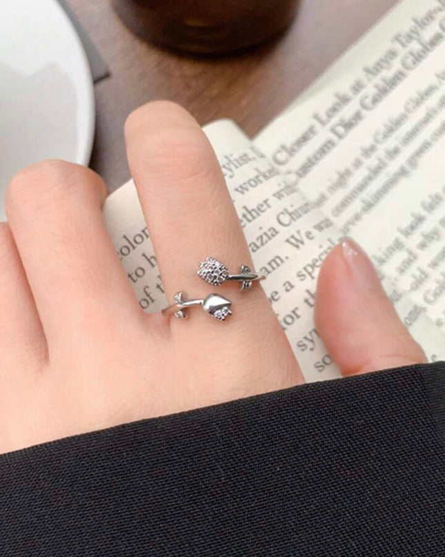 Anillo Abierto y ajustable de plata de ley 925 con Tulipán y Diamantes