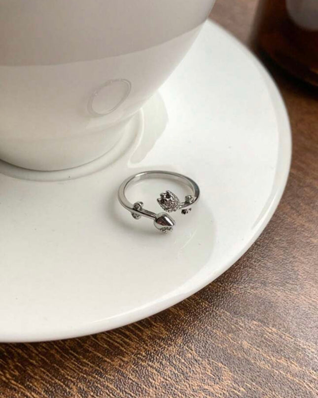 Anillo Abierto y ajustable de plata de ley 925 con Tulipán y Diamantes