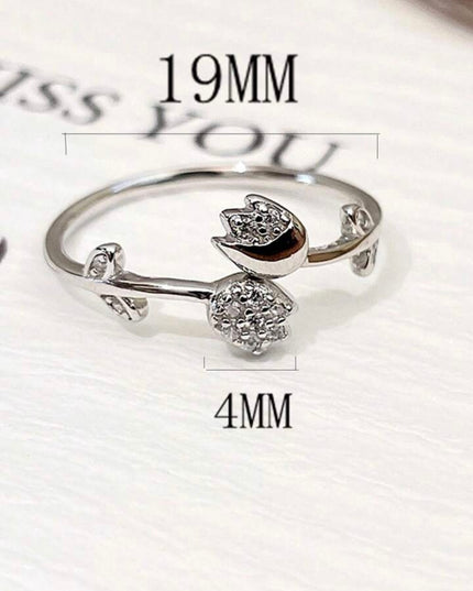 Anillo Abierto y ajustable de plata de ley 925 con Tulipán y Diamantes