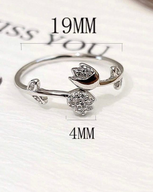 Anillo Abierto y ajustable de plata de ley 925 con Tulipán y Diamantes