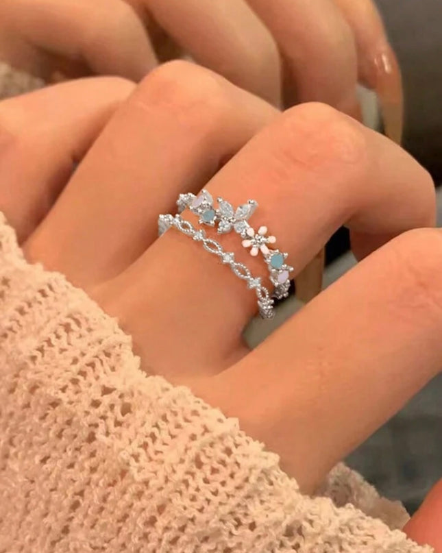 Anillo abierto de Flor de Plata de Ley 925 estilo retro elegante