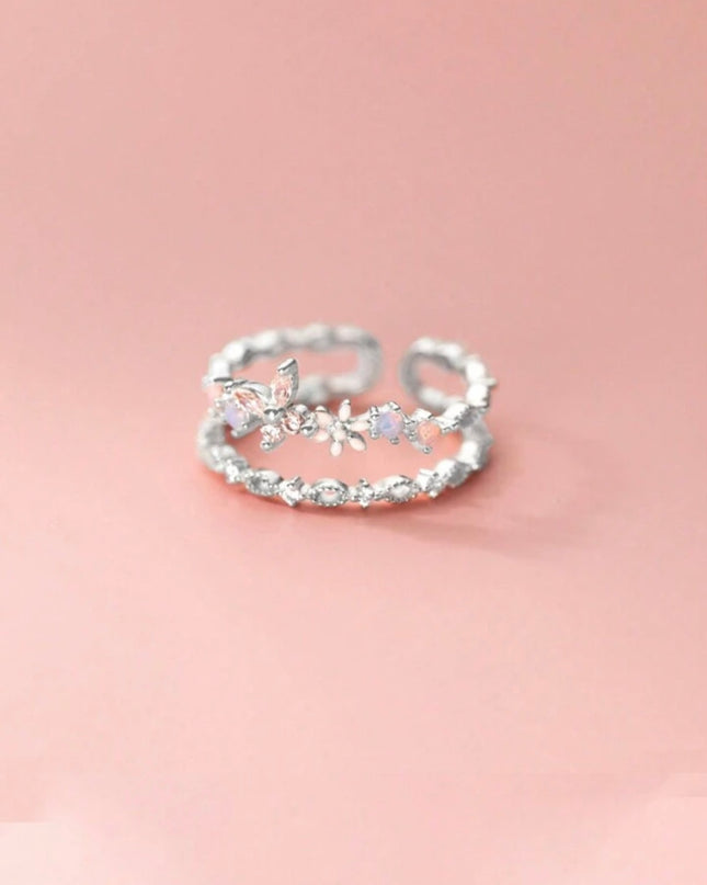 Anillo abierto de Flor de Plata de Ley 925 estilo retro elegante