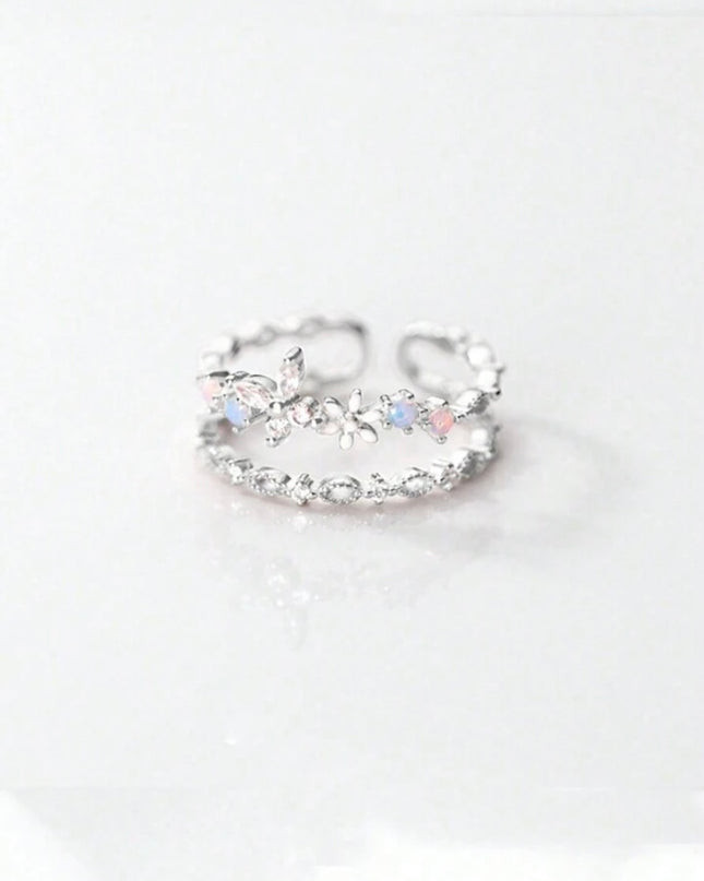 Anillo abierto de Flor de Plata de Ley 925 estilo retro elegante