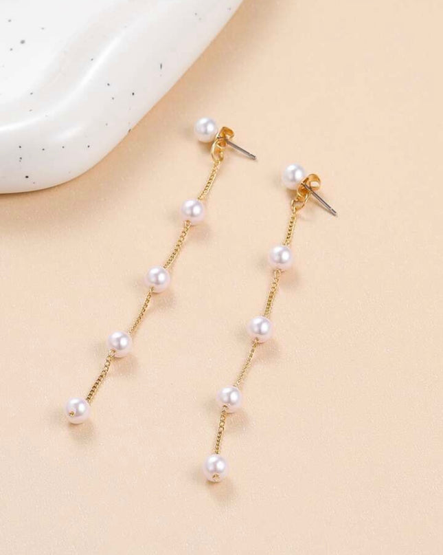 Pendientes Largos Con Perlas Blancas