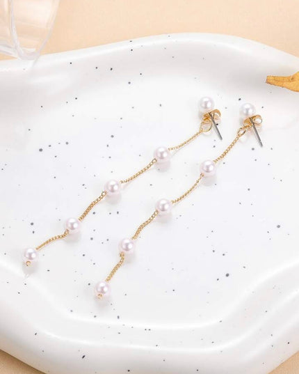Pendientes Largos Con Perlas Blancas