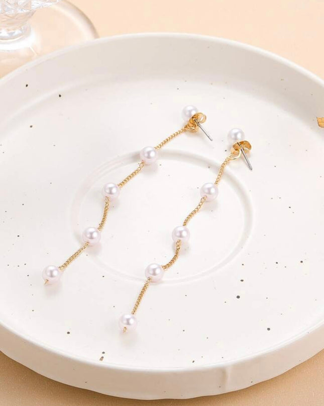 Pendientes Largos Con Perlas Blancas