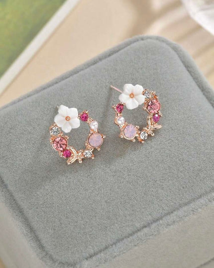 Aretes Circulares con Detalles Rosados con Flor