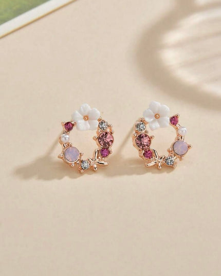 Aretes Circulares con Detalles Rosados con Flor
