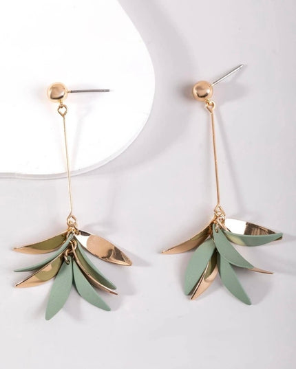 Aretes Largos Hojas Doradas y Verdes Colgantes