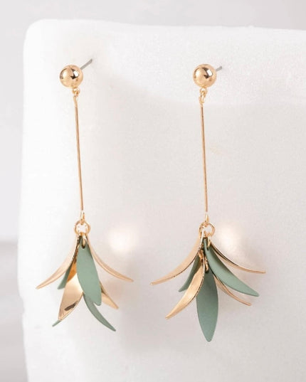 Aretes Largos Hojas Doradas y Verdes Colgantes