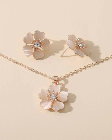 Juego Dorado Rosa Flor Aretes y Collar