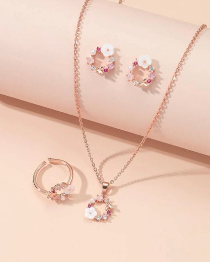 Juego de Flores Aretes, Collar y Anillo