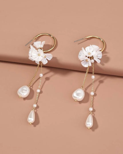 Aretes Colgantes de Flores con Perlas