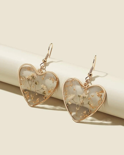 Aretes Transparentes Corazón con Flores Secas