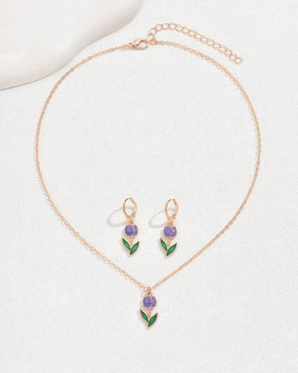 Juego Aretes y Collar Tulipanes Morados