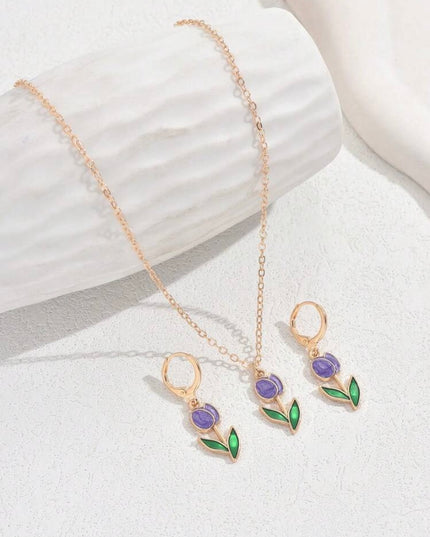 Juego Aretes y Collar Tulipanes Morados