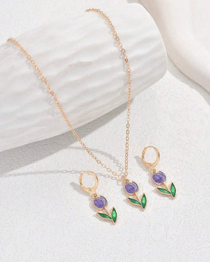Juego Aretes y Collar Tulipanes Morados